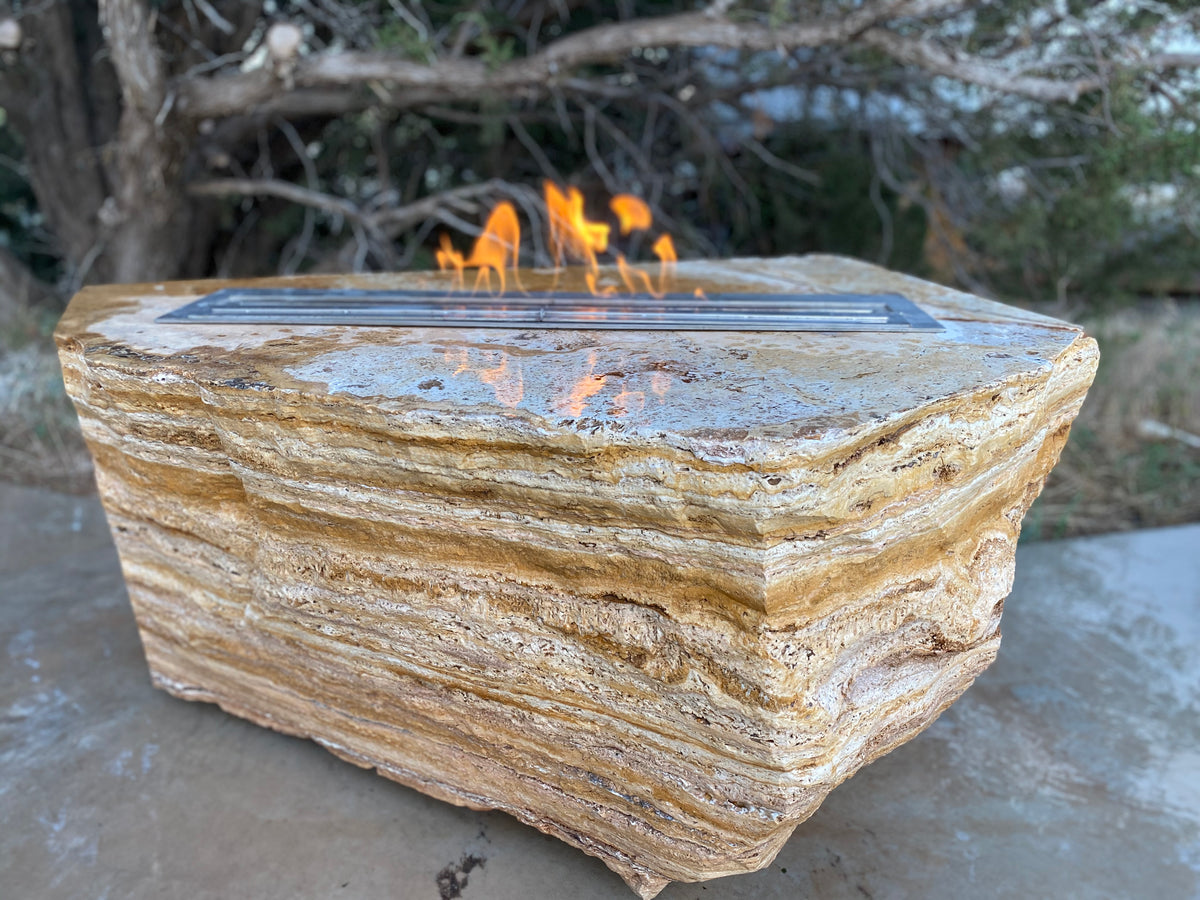 Apache Gold Travertine Stone Fire Table with Fossilized Coral