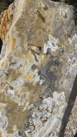 Caramel Canyon Onyx stone fountain made by The Rock Star Gallery in garden setting