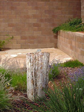 Petrified Wood Stone Fountain by The Rock Star Gallery in courtyard landscape design.