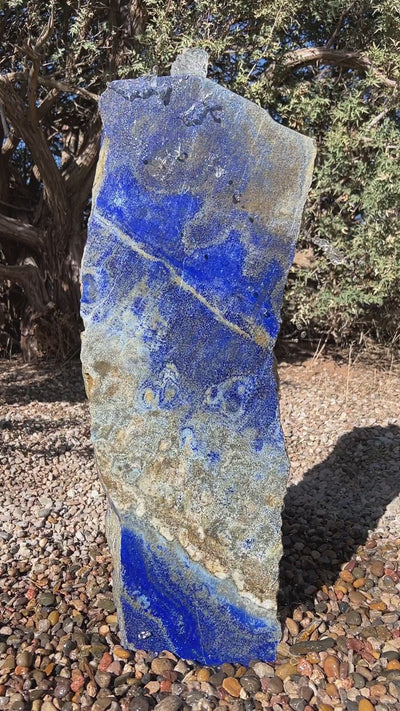 Blue Lapis Lazuli stone fountain by The Rock Star Gallery in outdoor setting.